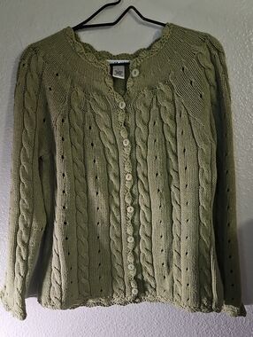 Jillian Jones Olive Green Cable Knit Cardigan Sweater L EUC